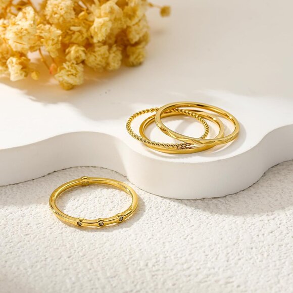 4PC S925 Sterling Silver Rings for Women, 14k Gold Filled Plated Stackable Thin - Picture 7 of 7